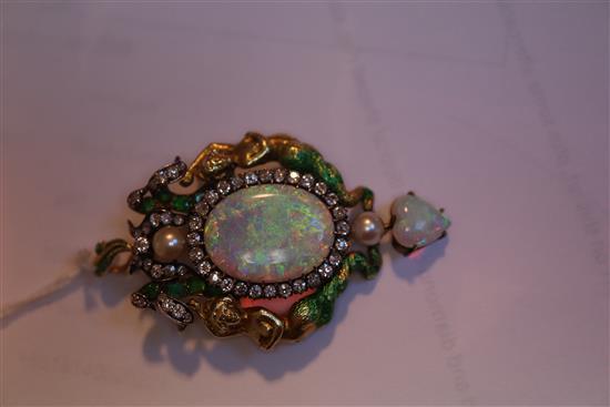 A good Victorian Renaissance revival gold and silver, white opal, green enamel, pearl diamond and garnet set drop pendant brooch,